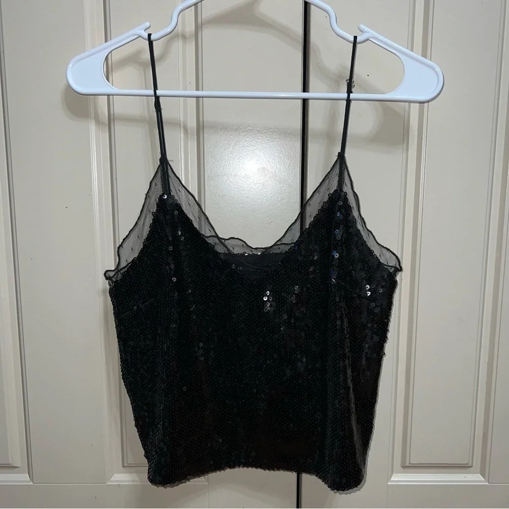 Forever 21 Black Sequin and Tulle V-Neck Spaghetti Strap Crop Top Camisole Sz S - Picture 11 of 11
